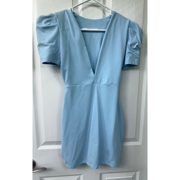 Susana Monaco XS light blue mini dress cocktail date simple sky puff shoulder - Picture 1 of 9